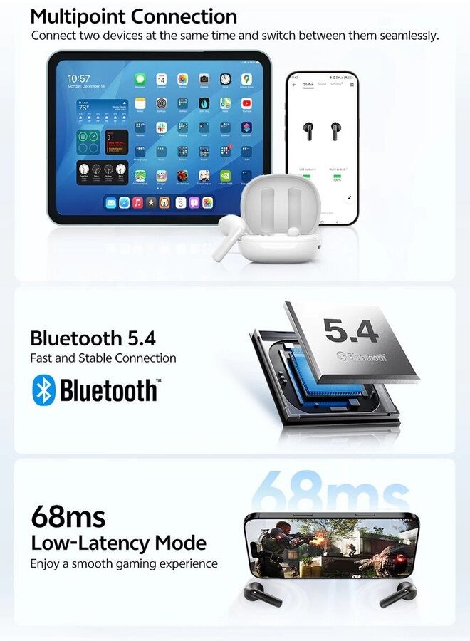 كيو سي واي - AilyBuds E10 Bluetooth Earphone, Wireless Earbuds With LDAC Codec with Hires Audio, 4 Mics ENC for Clear Call, 13mm Dynamic Driver, 68ms Game Mode, Touch Control & Long Battery Life - White - Image 1