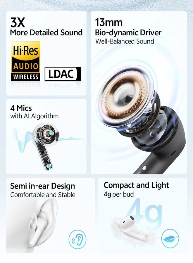 كيو سي واي - AilyBuds E10 Bluetooth Earphone, Wireless Earbuds With LDAC Codec with Hires Audio, 4 Mics ENC for Clear Call, 13mm Dynamic Driver, 68ms Game Mode, Touch Control & Long Battery Life - White - Image 1