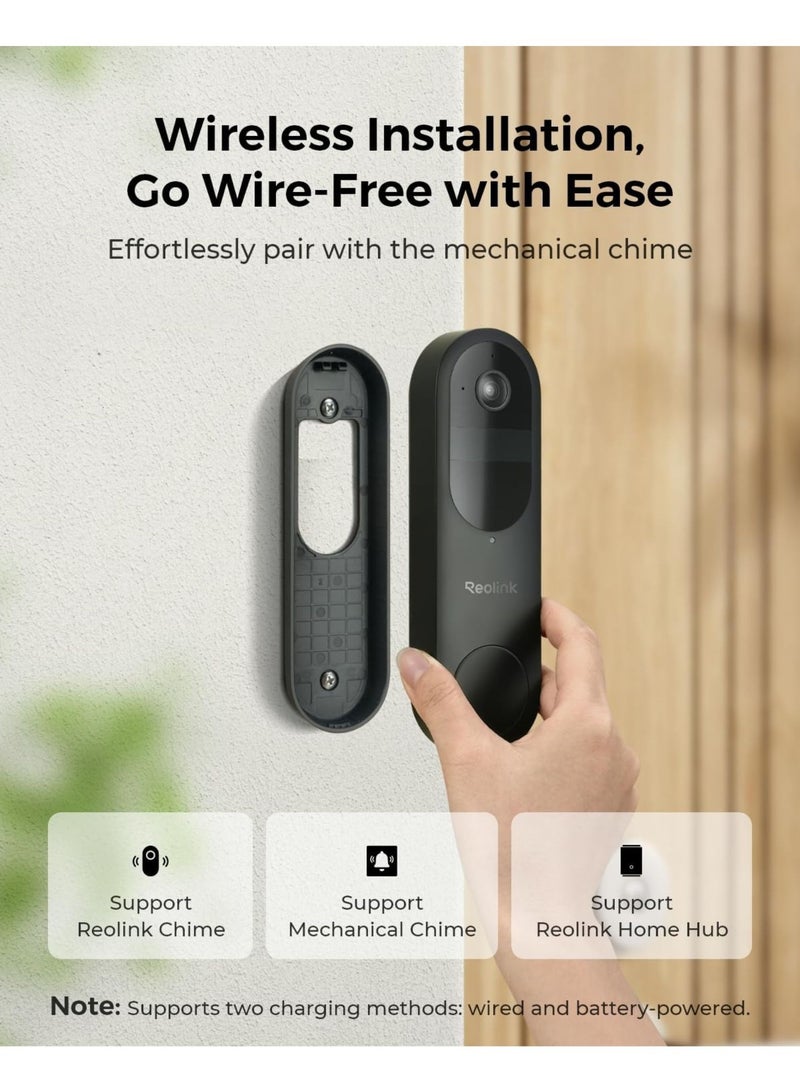 reolink - Wireless 2K Battery Video Doorbell Camera, 150°x150° Head-to-Toe View, 2.4/5 GHz WiFi, Battery or Wired Power Options, Two-Way Talk, Person/Vehicle/Package Detection(Chime not Included) - Image 1