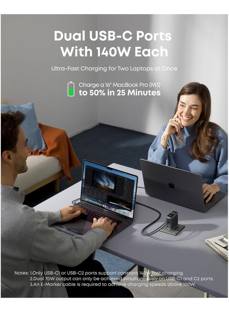 Anker - 140W USB C Charger, Laptop Charger, 4-Port Multi-Device Fast Charging, Advanced GaN Power Adapter, Intuitive Touch Controls, Compatible with MacBook, iPhone 16 Series, Samsung, Pixel, and More Dark Grey - Image 1