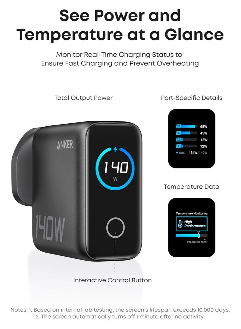 Anker - 140W USB C Charger, Laptop Charger, 4-Port Multi-Device Fast Charging, Advanced GaN Power Adapter, Intuitive Touch Controls, Compatible with MacBook, iPhone 16 Series, Samsung, Pixel, and More Dark Grey - Image 1