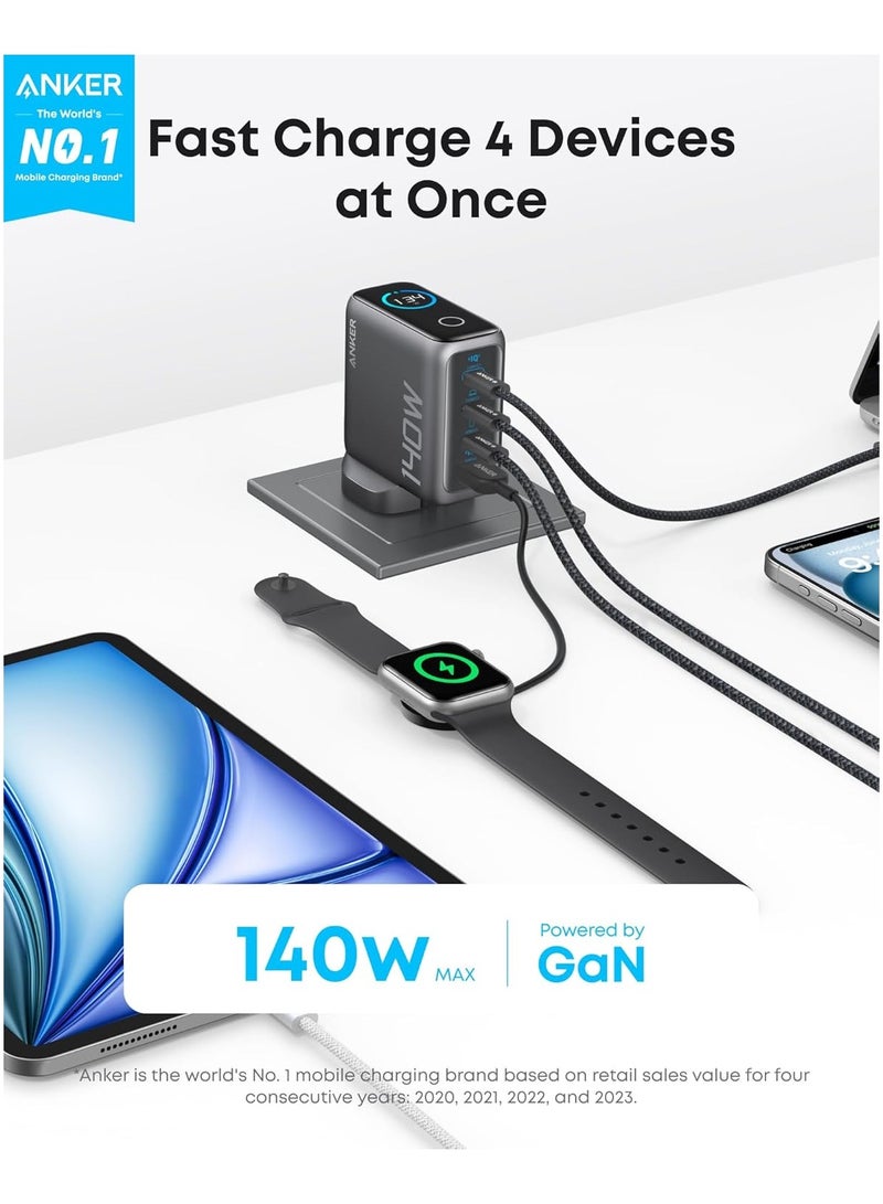 Anker - 140W USB C Charger, Laptop Charger, 4-Port Multi-Device Fast Charging, Advanced GaN Power Adapter, Intuitive Touch Controls, Compatible with MacBook, iPhone 16 Series, Samsung, Pixel, and More Dark Grey - Image 1