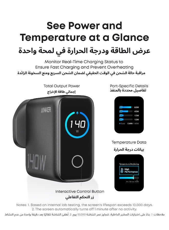 Anker 140W USB C Charger, Laptop Charger, 4-Port Multi-Device Fast Charging, Advanced GaN Power Adapter, Intuitive Touch Controls, Compatible with MacBook, iPhone 16 Series, Samsung, Pixel, and More Dark Grey  - Image 4