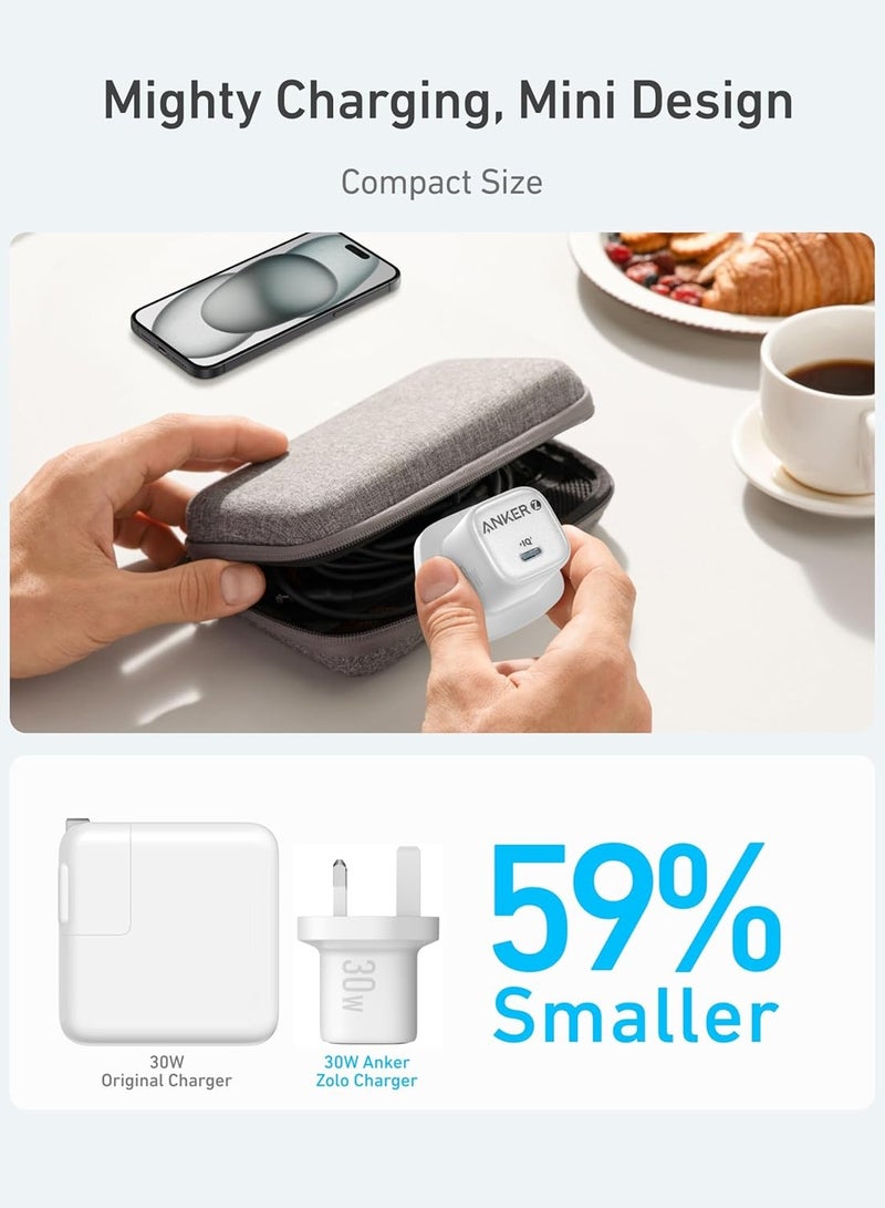 Anker - 30W USB C Plug, Zolo Compact GaN USB C Charger, Enhanced Temperature Control, Compact Design and 3x Faster Charging, Compatible with iPhone, iPad, Samsung, Pixel, and More - White - Image 1