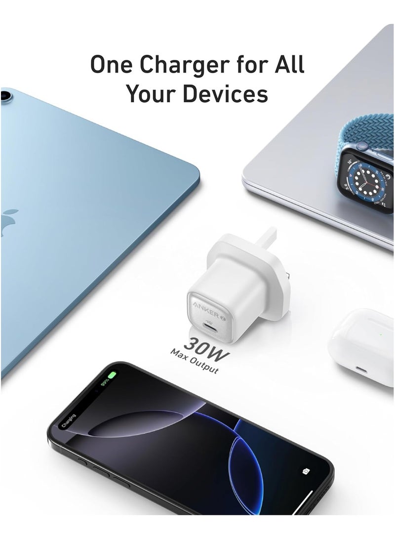 Anker - 30W USB C Plug, Zolo Compact GaN USB C Charger, Enhanced Temperature Control, Compact Design and 3x Faster Charging, Compatible with iPhone, iPad, Samsung, Pixel, and More - White - Image 1