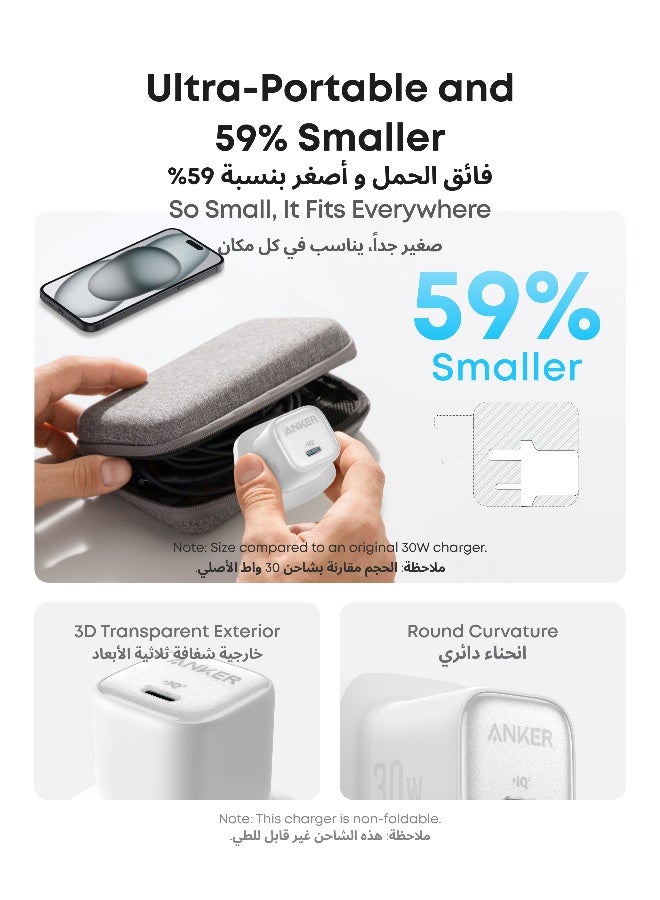 30W USB C Plug, Zolo Compact GaN USB C Charger, Enhanced Temperature Control, Compact Design and 3x Faster Charging, Compatible with iPhone, iPad, Samsung, Pixel, and More White