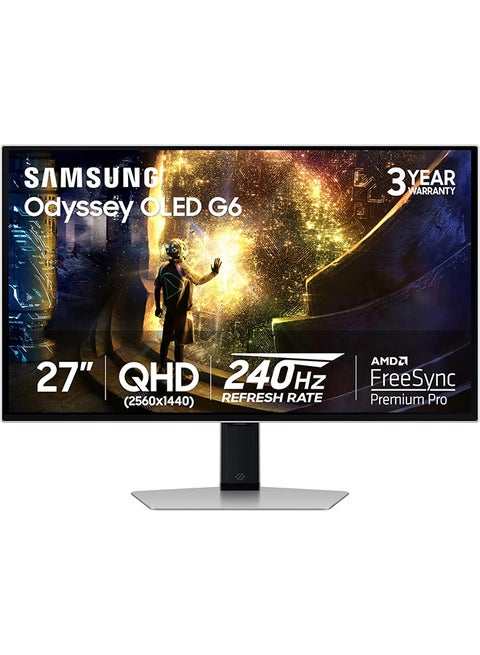 27 inch Odyssey G6 OLED QHD Gaming Monitor, OLED  Safeguard+, 240hz, 0.03ms, AMD FreeSync Premium Pro, HAS (Height Adjustable Stand), LS27DG612SNXZA Silver