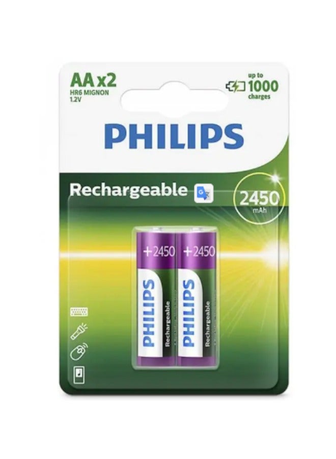 Philips 2PCS AA1.2V Rechargeable Battery 2450 mAh Multicolour