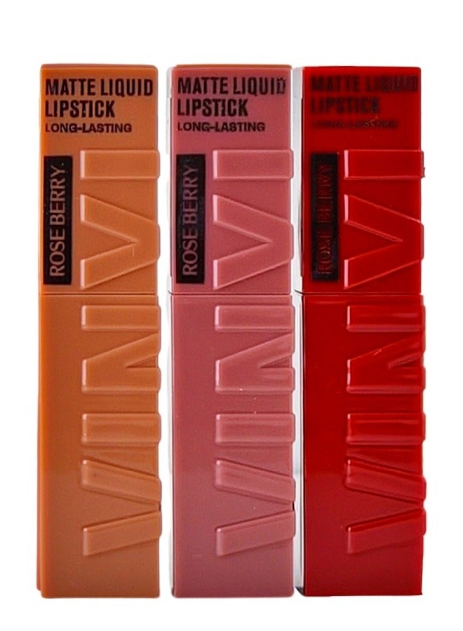 ROSE BERRY 3-Piece Matte Liquid Lipstick Long-Lasting Multicolour - Image 1