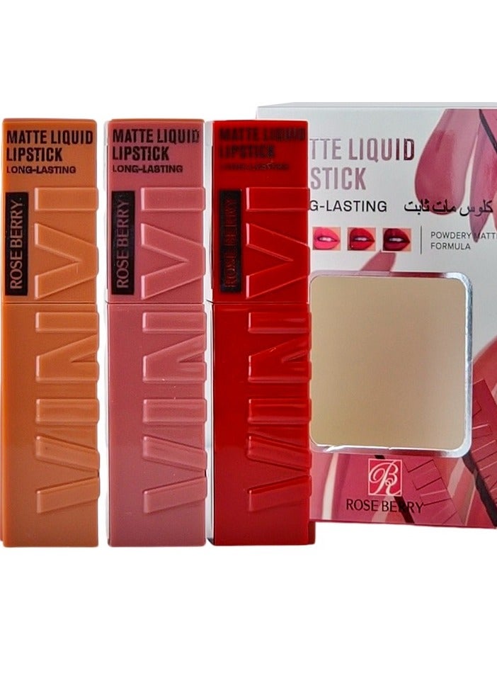 ROSE BERRY 3-Piece Matte Liquid Lipstick Long-Lasting Multicolour - Image 3