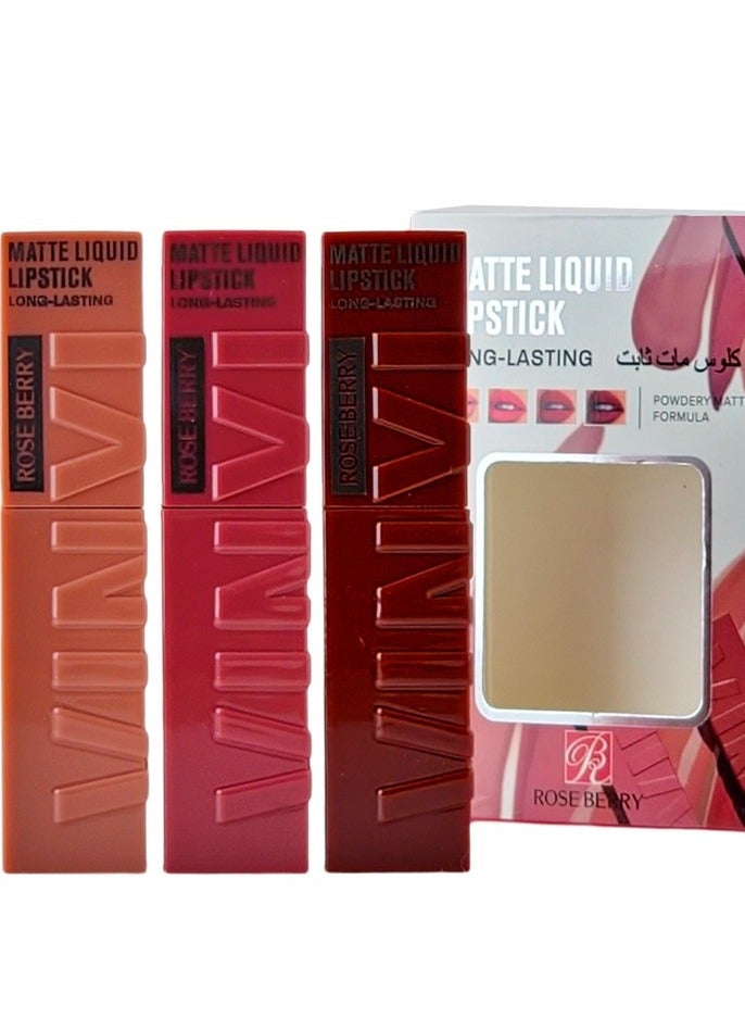 ROSE BERRY 3-Piece Matte Liquid Lipstick Long-Lasting Multicolour - Image 3