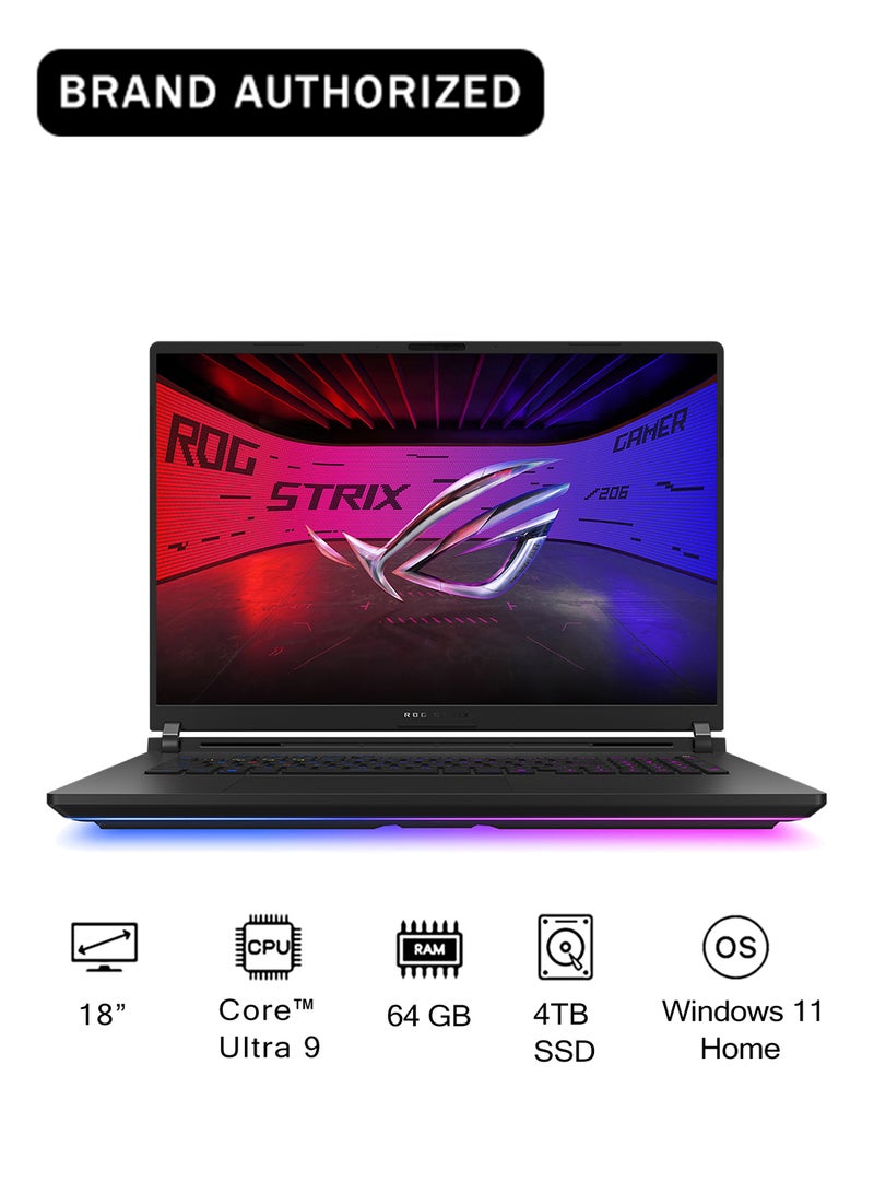 أسوس لابتوب ROG Strix SCAR 18 (2025) بشاشة 18 بوصة، مع معالج Core Ultra 9 275HX/ذاكرة RAM سعة 64GB/قرص صلب سعة 2TB + 2TB SSD/بطاقة رسومات NVIDIA GeForce RTX 5090 بسعة 24GB/نظام Windows 11 Home - Image 1