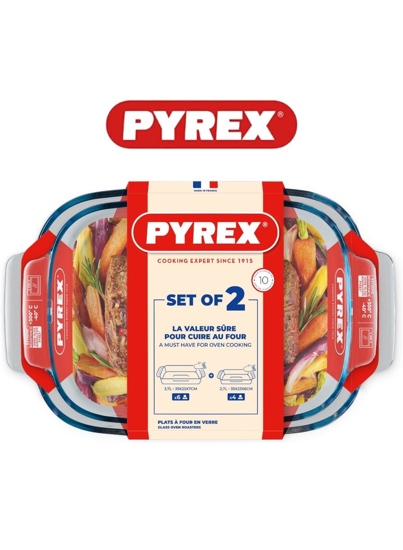 PYREX Pyrex Glass Oven Roasters Rectangle Set of 2 - 3.7L + 2.7L, Oven, Microwave, Freezer, and Dishwasher Safe  - Image 1