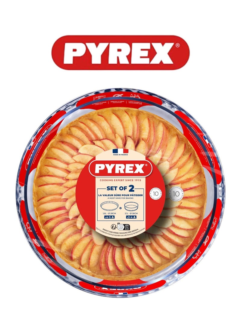 بيريكس Pyrex Bake & Enjoy Round Pastry Dish Set - 26cm Deep & 28cm Flat, Durable Borosilicate Glass  - Image 1