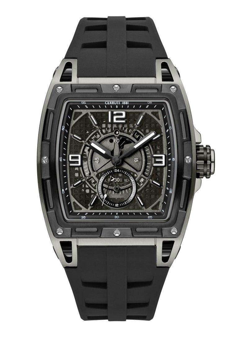 CERRUTI 1881 Men's Belluno Multifunction Watch - Tonneau Case, Black Smoked Transparent Dial, Black Silicon Strap  - Image 1