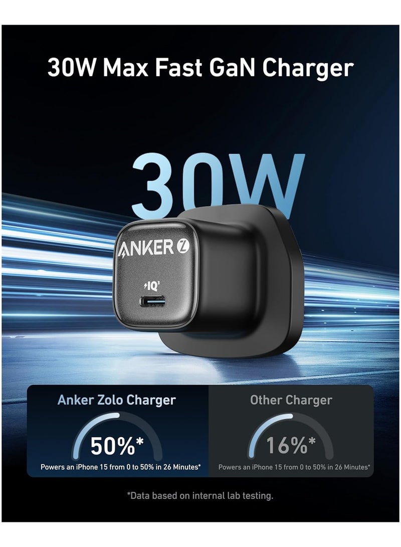 Anker - 30W USB C Plug, Zolo Compact GaN USB C Charger, Enhanced Temperature Control, Compact Design and 3X Faster Charging, Compatible with iPhone, iPad, Samsung, Pixel, and More Black - Image 1