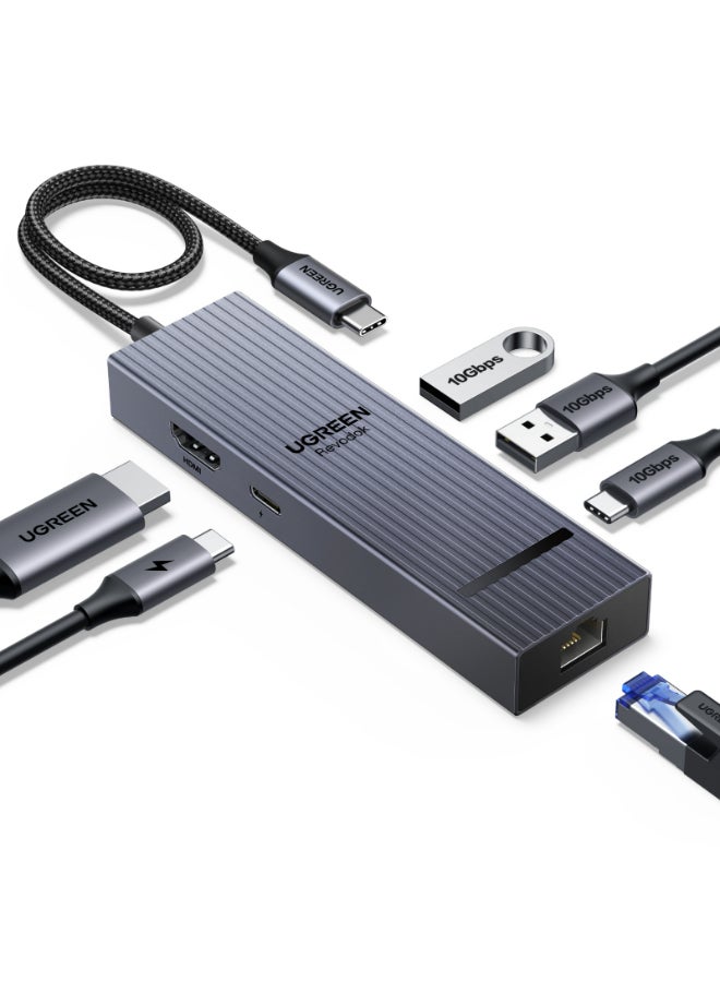 Ugreen Revodok 6 In 1 USB C Hub Type C to HDMI Adapter 4k@60Hz PD 100W Fast Charging 1000Mbps Ethernet & 3 USB 3.2 Ports  Compatible With New iPhone Macbook Air Pro iPad Pro Lenovo Thinkpad NS SLR Galaxy | Silver  - Image 1