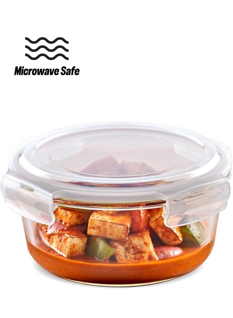 بوروسيل Klip-N-Store Round Glass Storage Container With Air Tight Lid Food Storage Container Microwave Safe Container 400 Ml Transparent  - Image 1