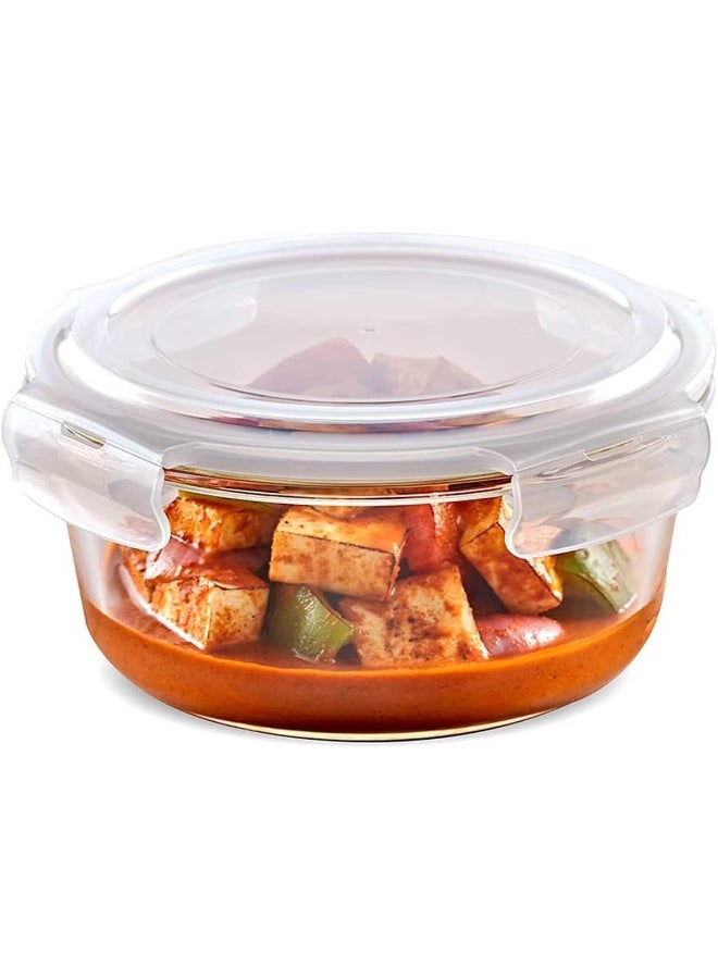 BOROSIL KLIP-N-STORE ROUND GLASS STORAGE CONTAINER WITH AIR TIGHT LID FOOD STORAGE CONTAINER MICROWAVE SAFE CONTAINER 400 ML Transparent - Image 1