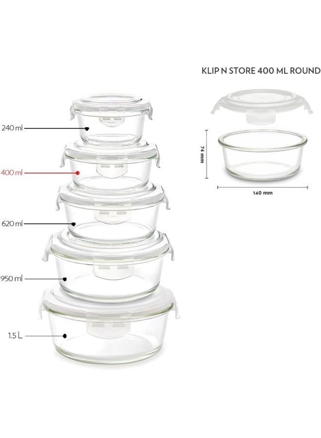 BOROSIL KLIP-N-STORE ROUND GLASS STORAGE CONTAINER WITH AIR TIGHT LID FOOD STORAGE CONTAINER MICROWAVE SAFE CONTAINER 400 ML Transparent - Image 3