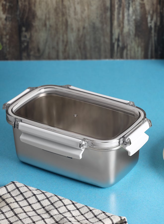 1000Ml Stainless Steel Lunch Box - Rf12172, Rectangle Tiffin With Polymer Lid And 4 Side Locks. Food-Grade, BPA-Free, Airtight, Leak-Proof. Keeps Food Fresh Beige/Silver