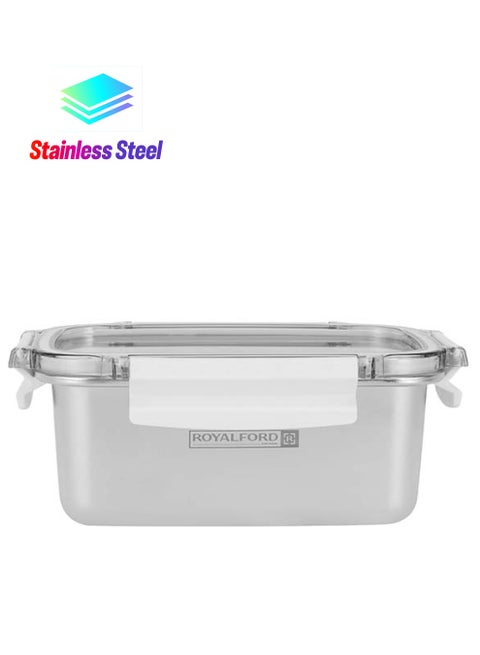 1000Ml Stainless Steel Lunch Box - Rf12172, Rectangle Tiffin With Polymer Lid And 4 Side Locks. Food-Grade, BPA-Free, Airtight, Leak-Proof. Keeps Food Fresh Beige/Silver