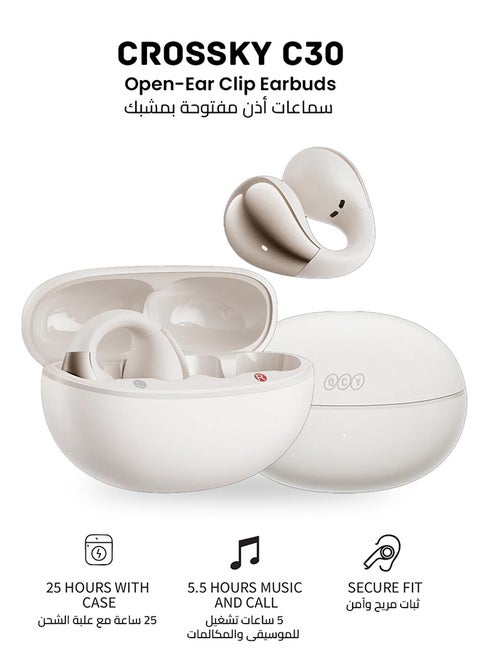 Crossky C30 Open Ear Headphones Wireless Bluetooth, Clip-On Earbuds with 4 ENC Noise Cancelling Mic, Stable Fit, Dual Connection, EQ Customized, Sports Earphones for Workout/Running White