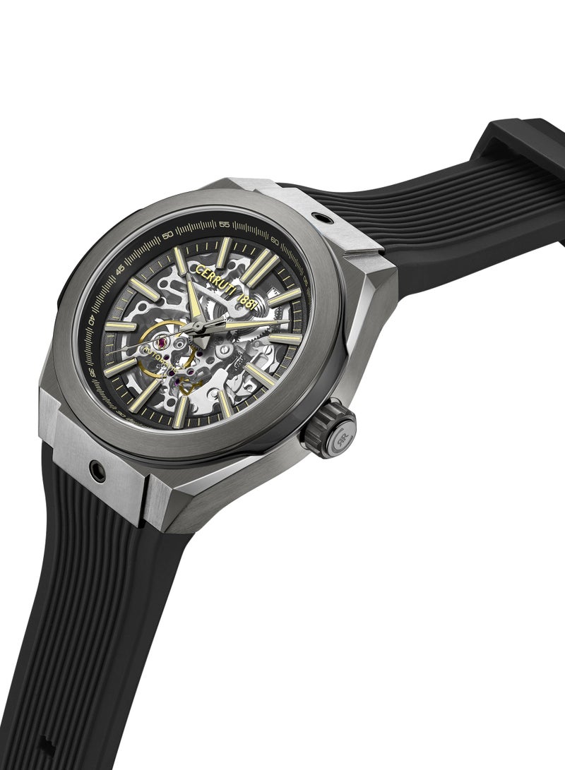 CERRUTI 1881 Men's Ruscello Automatic Watch - Gun & Black Case, Skeletonized Dial, Black Silicone Strap  - Image 2
