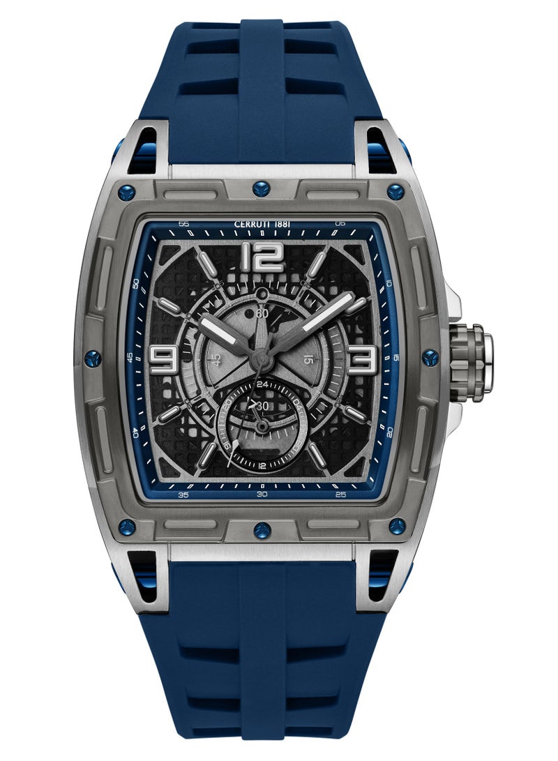 CERRUTI 1881 Men's Cerruti 1881 Belluno Multifunction Watch for Men - Tonneau Case, Black Smoked Transparent Dial, Blue Silicon Strap  - Image 1