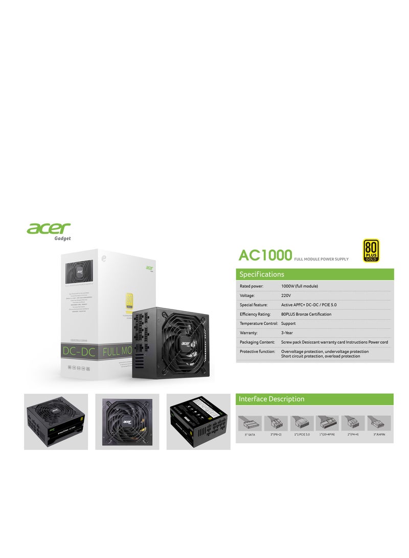 أيسر ACER 1000W (AC1000), Gold, 80 plus, Fully Modular PSU: efficient low-noise power supply with fully modular cabling. BLACK  - Image 4