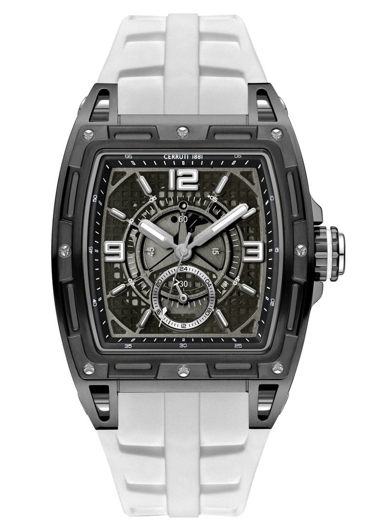 CERRUTI 1881 Men's Cerruti 1881 Belluno Multifunction Watch for Men - Tonneau Case, Black Smoked Transparent Dial, White Silicon Strap  - Image 1