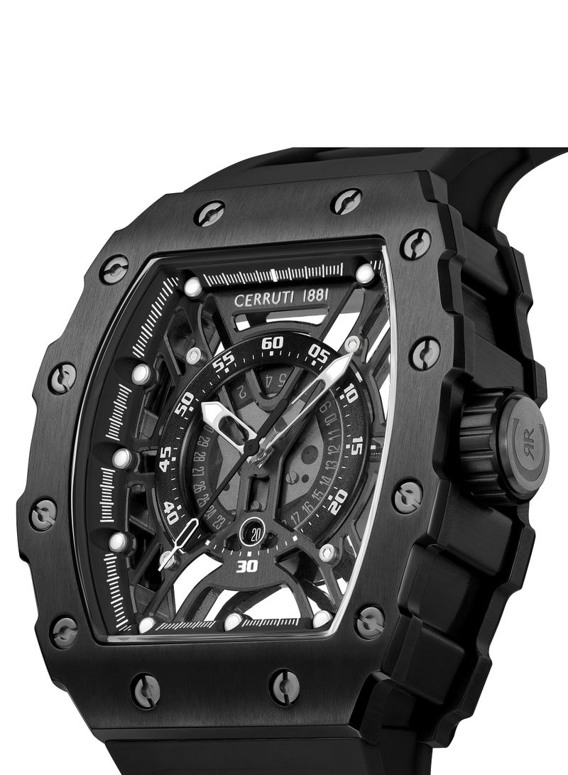 CERRUTI 1881 Men's Gubbio Watch - Tonneau Black Topring, Black Structure Dial, Black Silicone Strap - Image 3