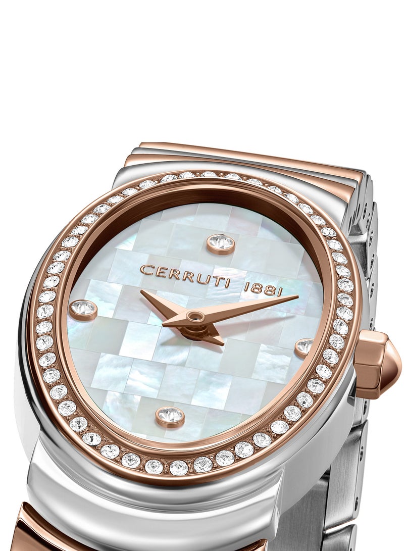 CERRUTI 1881 Women's Norcia Analog Watch - Oval Mosaic White Mother of Pearl Dial, Two-Tone Bracelet, Butterfly Buckle  - Image 3