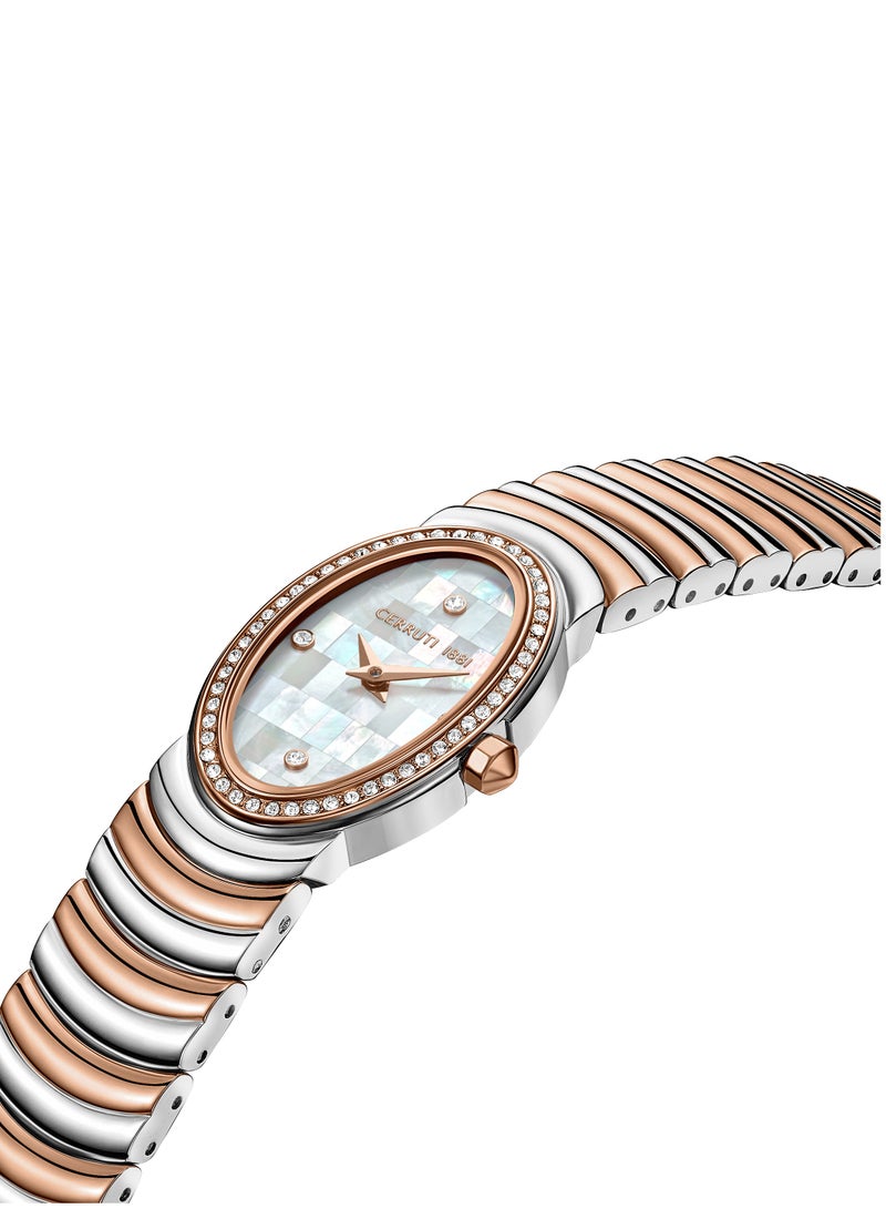 CERRUTI 1881 Women's Norcia Analog Watch - Oval Mosaic White Mother of Pearl Dial, Two-Tone Bracelet, Butterfly Buckle  - Image 2