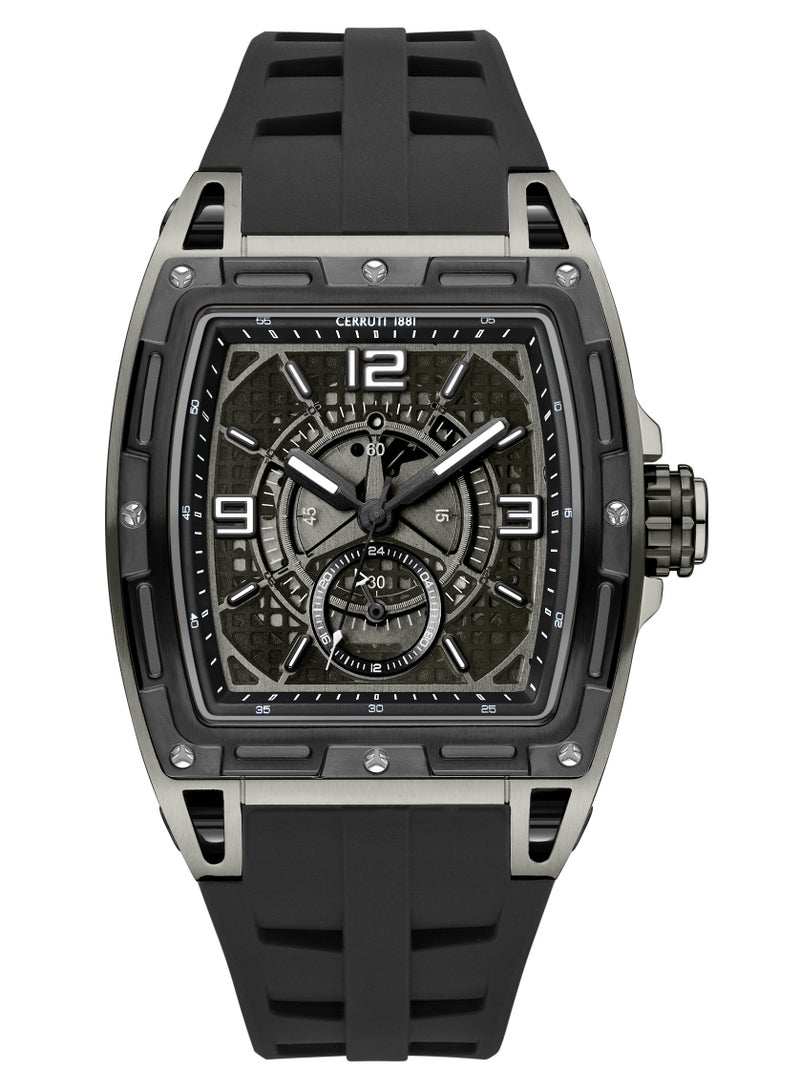 CERRUTI 1881 Men's Cerruti 1881 Belluno Multifunction Watch for Men - Tonneau Case, Black Smoked Transparent Dial, Black Silicon Strap  - Image 1
