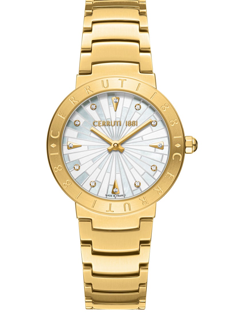 CERRUTI 1881 Women's Filiano Analog Watch - White Mother of Pearl Dial, Gold Plated Engraved Topring, Bracelet  - Image 1