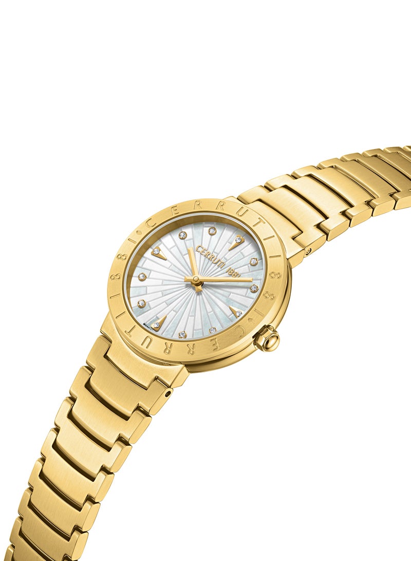 CERRUTI 1881 Women's Filiano Analog Watch - White Mother of Pearl Dial, Gold Plated Engraved Topring, Bracelet  - Image 2