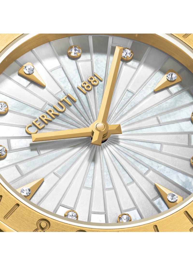 CERRUTI 1881 Women's Filiano Analog Watch - White Mother of Pearl Dial, Gold Plated Engraved Topring, Bracelet  - Image 3