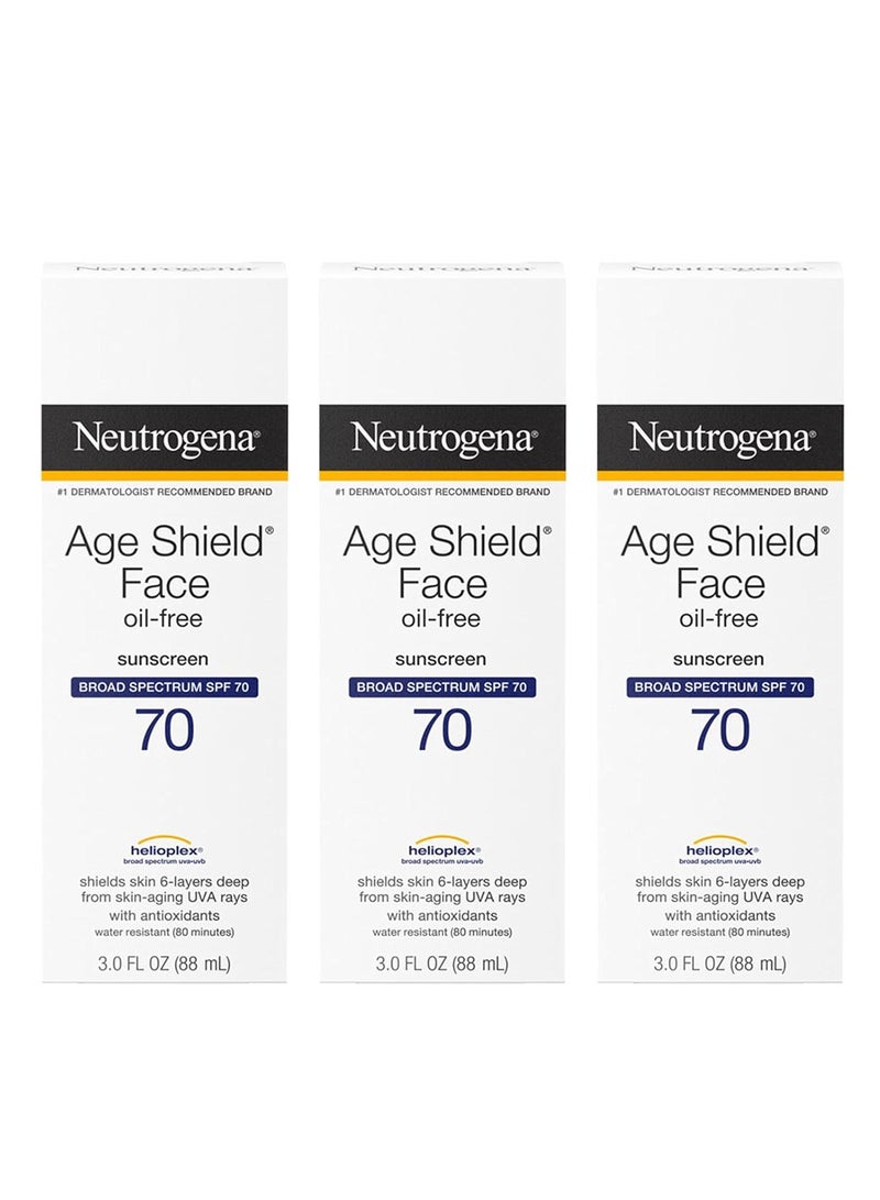 نيوتروجينا Neutrogena Age Shield Face Oil-Free Sunscreen Lotion with Broad Spectrum SPF 70, Non-Comedogenic Moisturizing Sunscreen to Help Prevent Signs of Aging, PABA-Free 3 fl. oz (Pack of 3)Fluid Ounce - Image 1