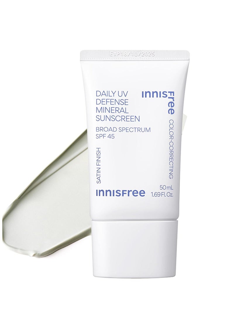 إنِّسفري innisfree Daily UV Defense Mineral Sunscreen Broad Spectrum SPF 45 with Hyaluronic Acid, Korean Sunscreen for Face with Color Correcting Green Tint 50 mlml  - Image 1