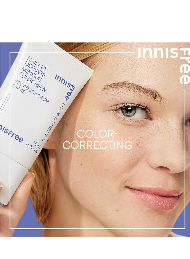 إنِّسفري innisfree Daily UV Defense Mineral Sunscreen Broad Spectrum SPF 45 with Hyaluronic Acid, Korean Sunscreen for Face with Color Correcting Green Tint 50 mlml  - Image 4