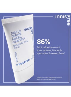 innisfree innisfree Daily UV Defense Mineral Sunscreen Broad Spectrum SPF 45 with Hyaluronic Acid, Korean Sunscreen for Face with Color Correcting Green Tint 50 mlml  - Image 2