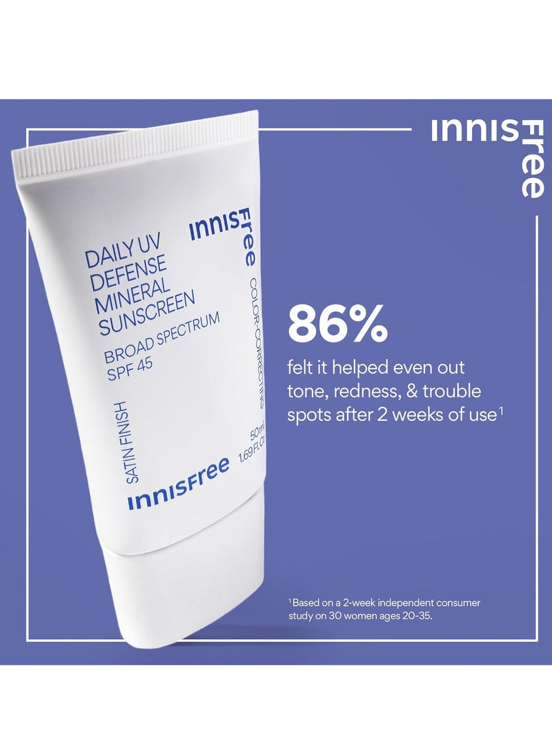 إنِّسفري innisfree Daily UV Defense Mineral Sunscreen Broad Spectrum SPF 45 with Hyaluronic Acid, Korean Sunscreen for Face with Color Correcting Green Tint 50 mlml  - Image 2