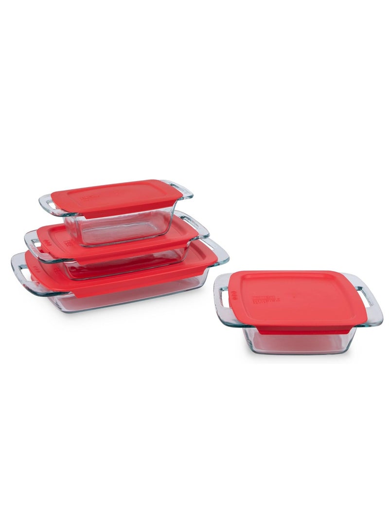 PYREX Pyrex Easy Grab 4-Pack Glass Baking Dish Set (1.5QT, 2QT, 3QT, 8"x8") with BPA-Free Lids, Rectangular Bakeware Set, Dishwasher, Microwave, Freezer & Pre-Heated Oven Safe Red - Image 1