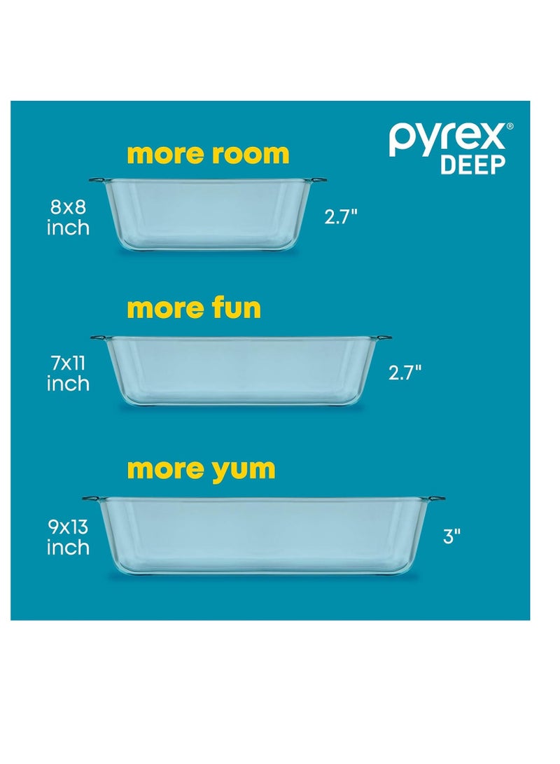 PYREX Deep3-Pack Glass Baking Dish Set (9"x13", 7"x11", 8"x8") With BPA-Free Lids, Rectangular Glass Bakeware, Dishwasher, Microwave, Freezer & Pre-Heated Oven Safe Clear - Image 5