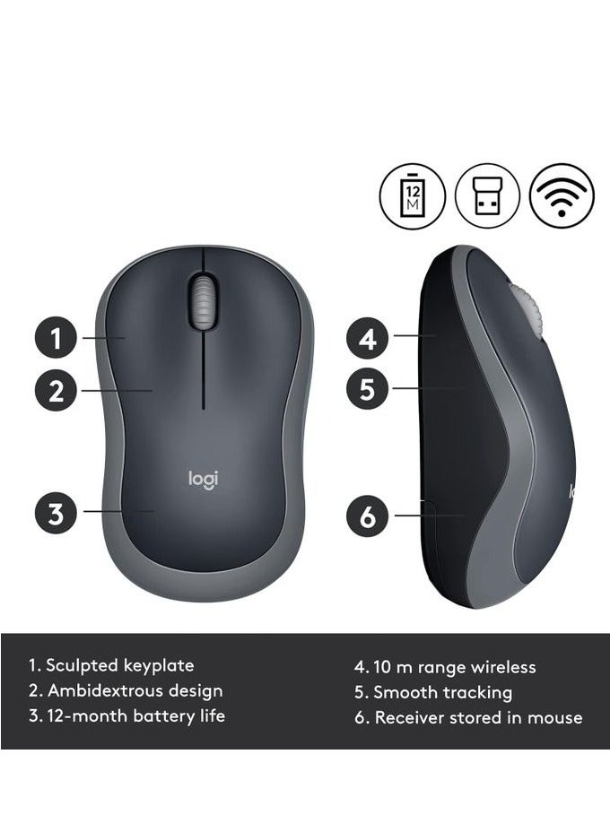 Logitech - M185 2.4GHz Wireless Mouse with USB Nano Receiver, 12 Month Battery Life, 1000 DPI Optical Tracking, Left and Right Handed Users, Compatible with PC, Mac and Laptop - Black - Image 1