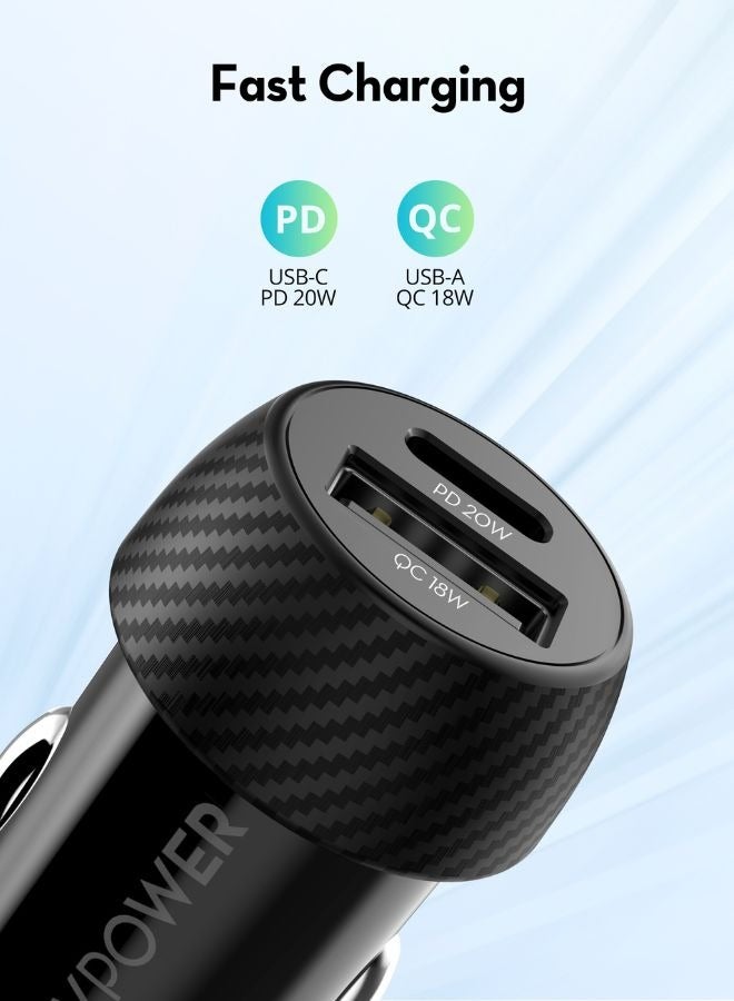 RAVPOWER 20W Dual-Port Car Charger, USB-C PD & USB-A QC, Compact with iSmart Technology, Car Charger for iPhone, Samsung, Laptops & More Black  - Image 2