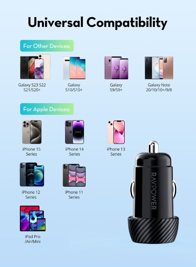 RAVPOWER 20W Dual-Port Car Charger, USB-C PD & USB-A QC, Compact with iSmart Technology, Car Charger for iPhone, Samsung, Laptops & More Black  - Image 5