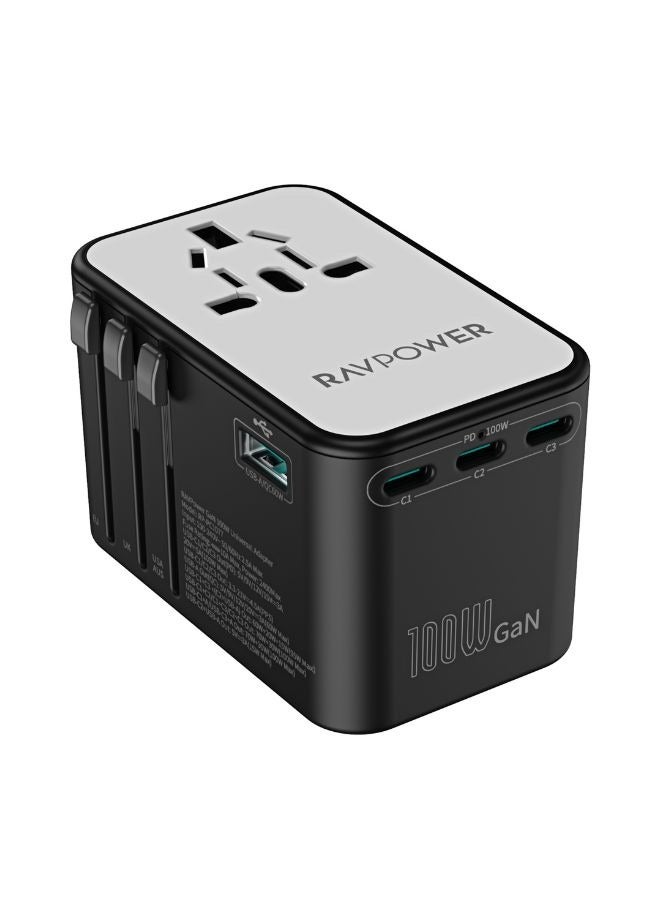 RAVPOWER 100W 5-Port Travel Adapter, GaN 5.0 Universal Charger with AC Outlet, 3 USB-C PD, 1 USB-A, International Wall Charger for Laptops, Phones & Tablets, EU, UK, USA, AUS Plug, PC1077 Black  - Image 1