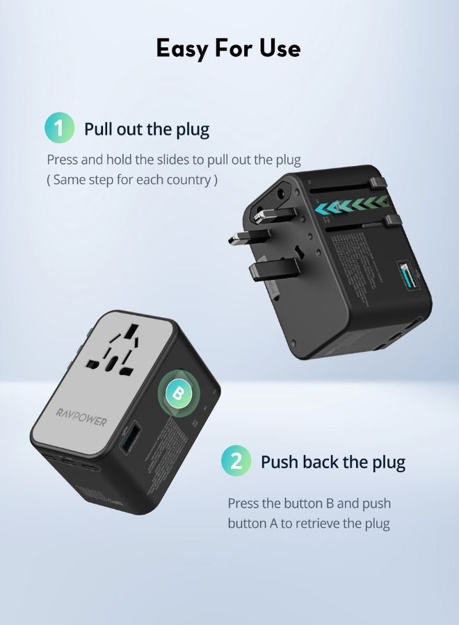 100W 5-Port Travel Adapter, GaN 5.0 Universal Charger with AC Outlet, 3 USB-C PD, 1 USB-A, International Wall Charger for Laptops, Phones & Tablets, EU, UK, USA, AUS Plug, PC1077 Black
